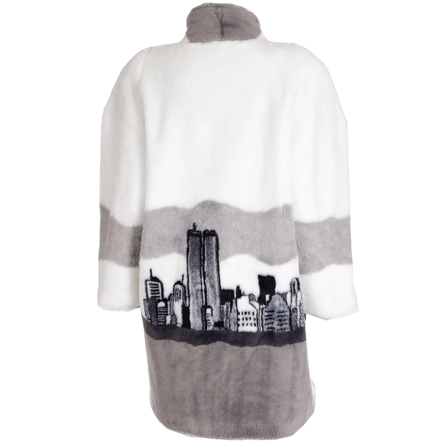 1980s Rare Vintage NYC Twin Towers Skyline White Grey & Black Faux Fur Coat