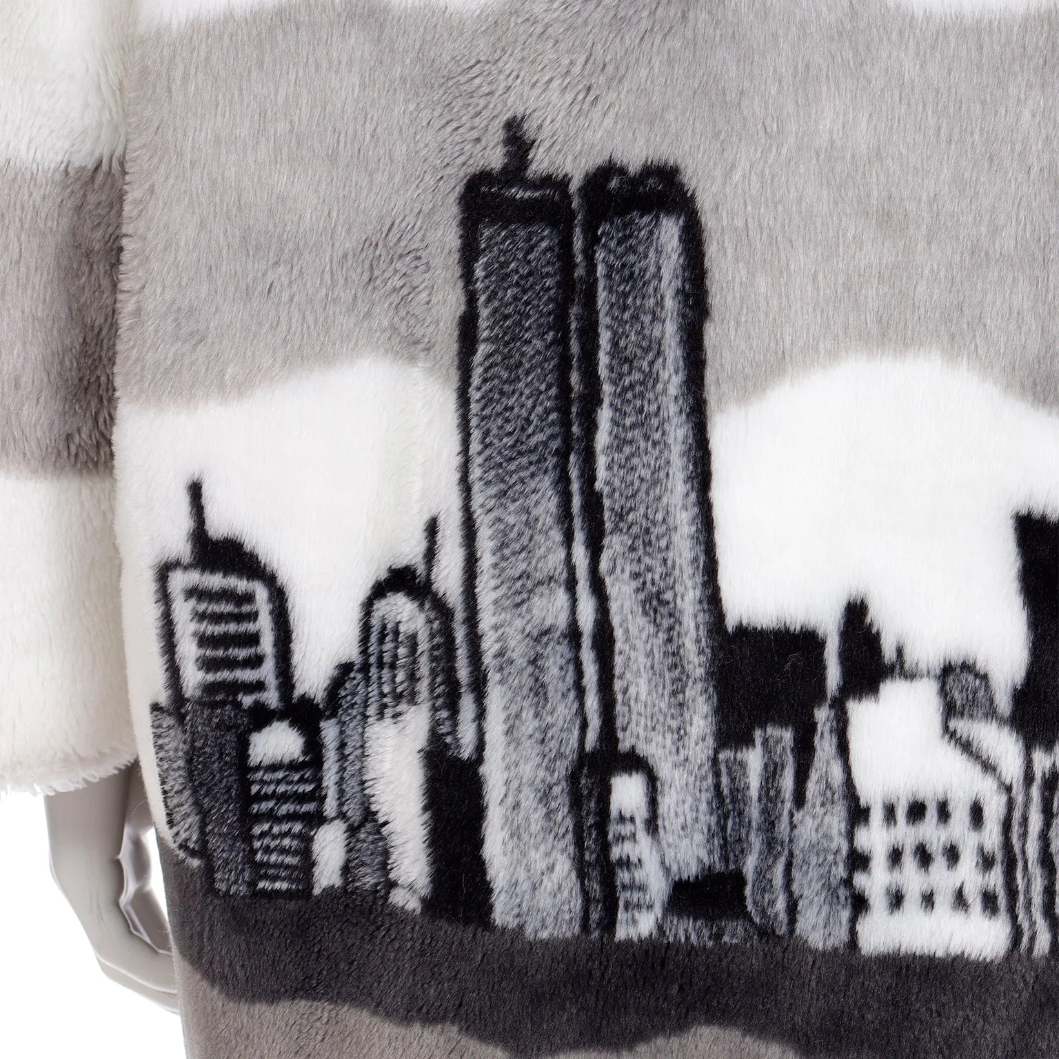 1980s Rare Vintage NYC Twin Towers Skyline White Grey & Black Faux Fur Coat