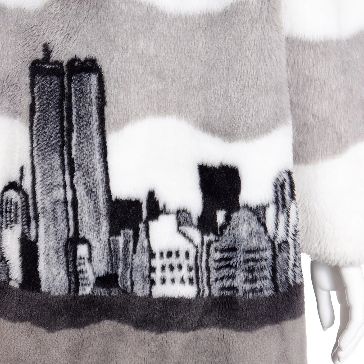 1980s Rare Vintage NYC Twin Towers Skyline White Grey & Black Faux Fur Coat