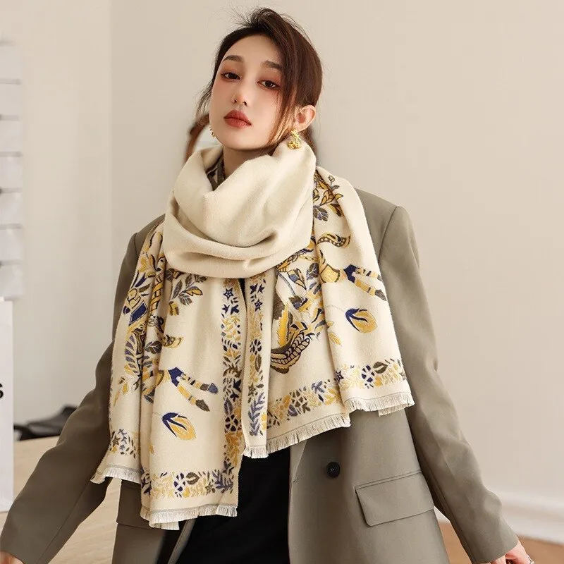 2021 Luxury Floral Print Women Winter Scarf Pashmina Shawl Lady Wraps Cashmere Thick Warm Scarves Female Bufanda Stoles