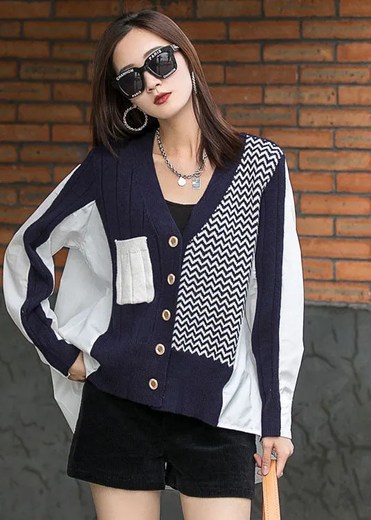 Beautiful Navy Patchwork Asymmetrical Design Button Fall Long Sleeve Top