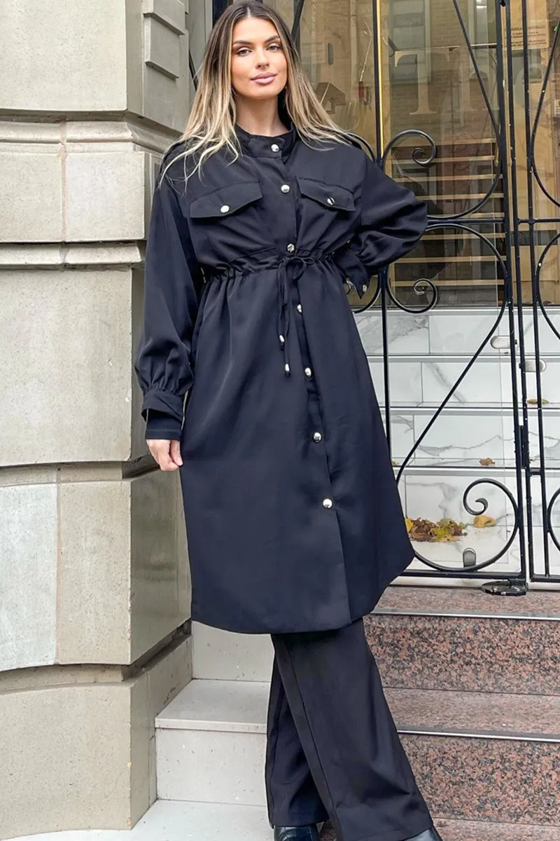 BLACK MILITARY STYLE LONGLINE COAT