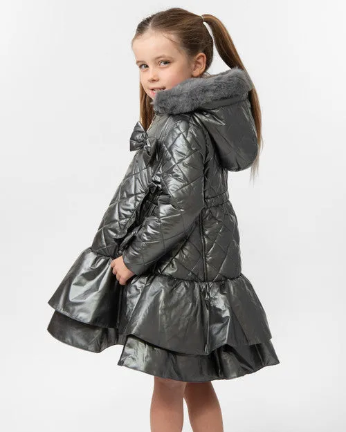 Caramelo Kids Girls Grey Quilted Coat with Bow