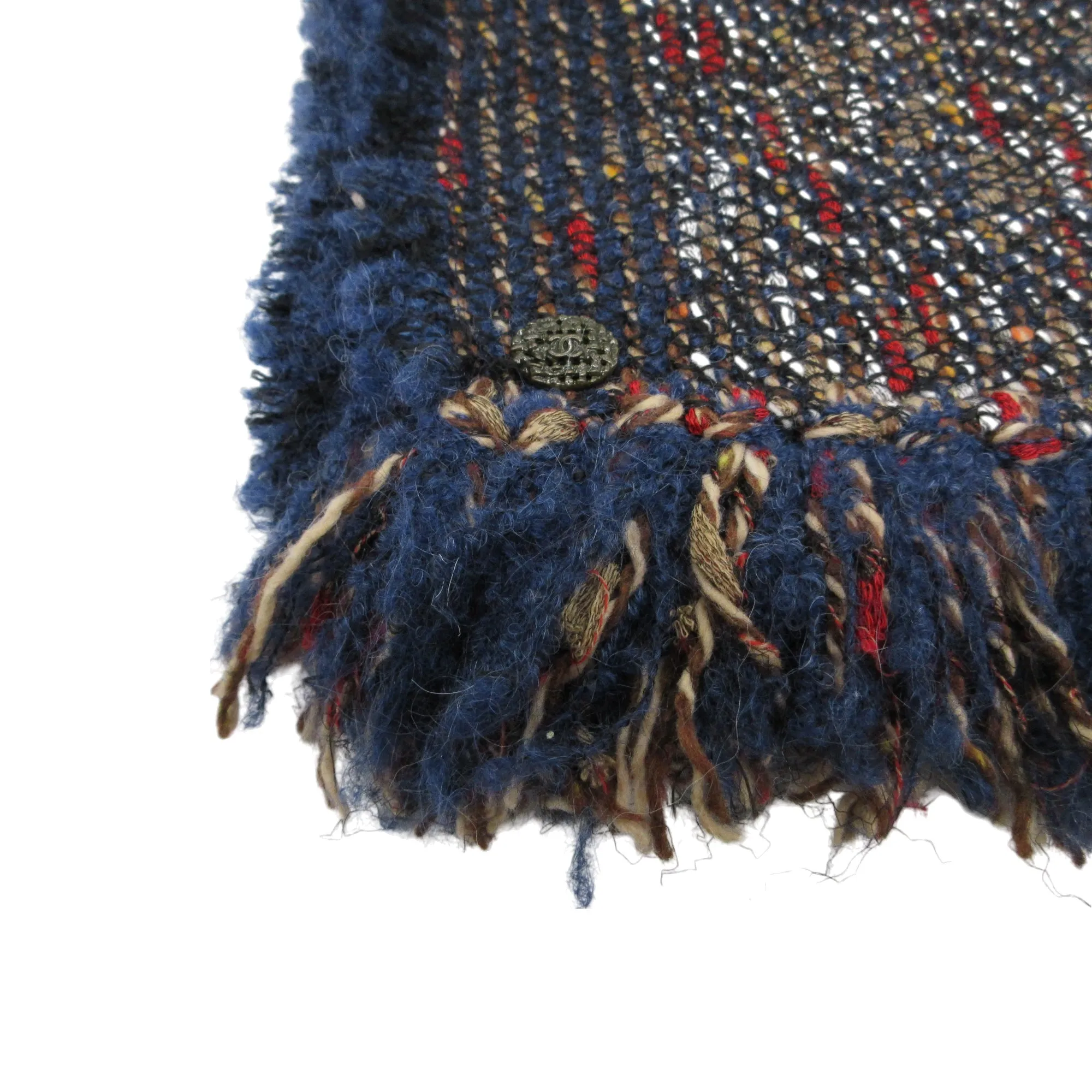 Chanel Blue Multi Fringed Wool Tweed Knit Scarf