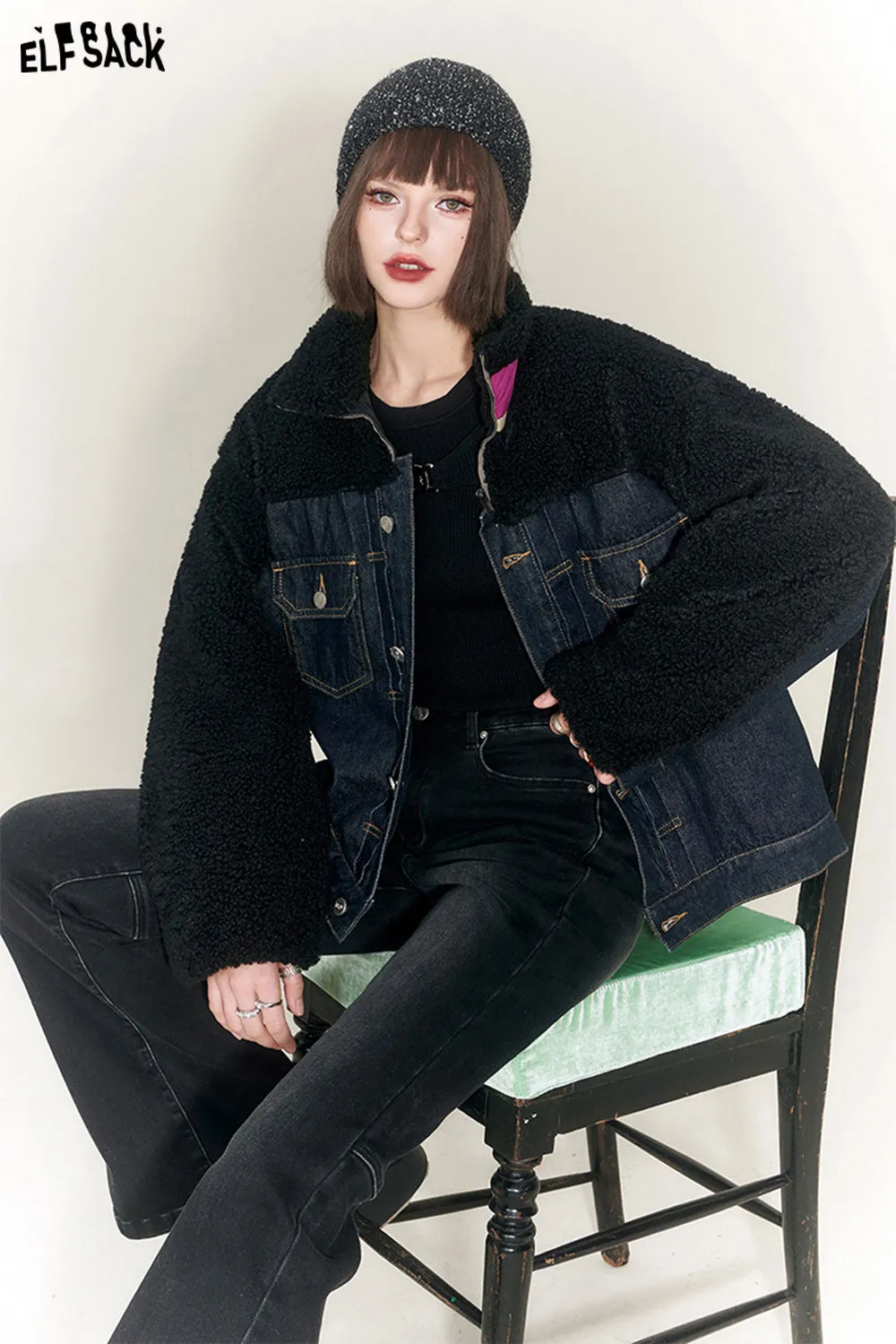 ELFSACK Denim Spliced Fleece Cotton Coats Women 2023 Winter New Luxuey Short Outwears