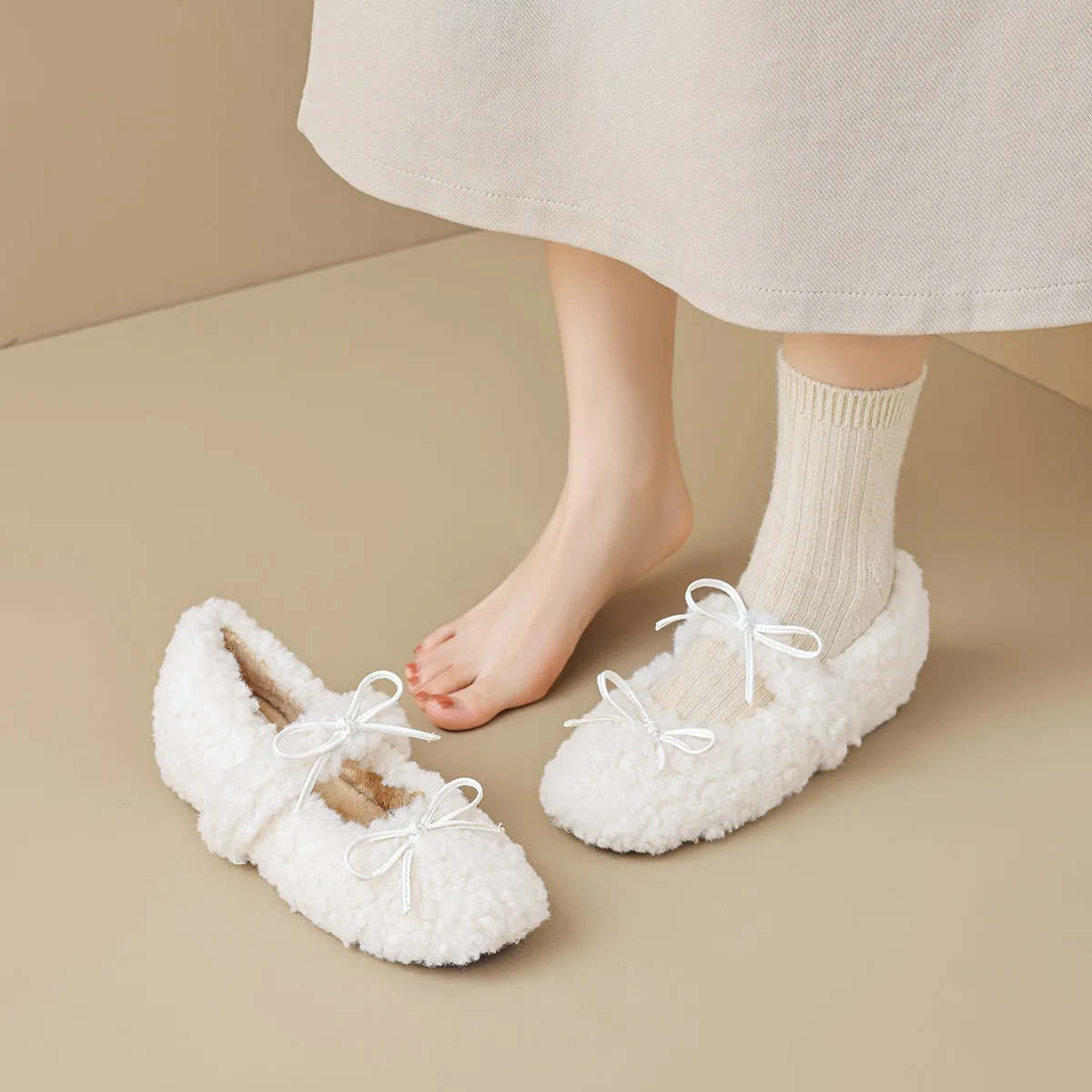 Faux Lamb's Wool Women's Winter Bowknot Inner Higher Fluffy Flat Mary Jane Shoes