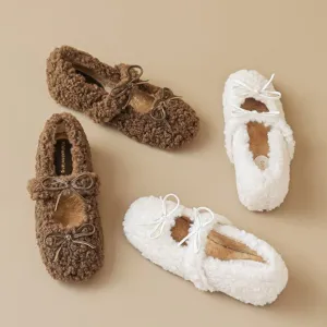 Faux Lamb's Wool Women's Winter Bowknot Inner Higher Fluffy Flat Mary Jane Shoes