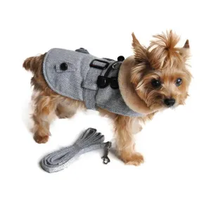 Gray Herringbone Dog Harness Coat with Brown Faux Fur Collar