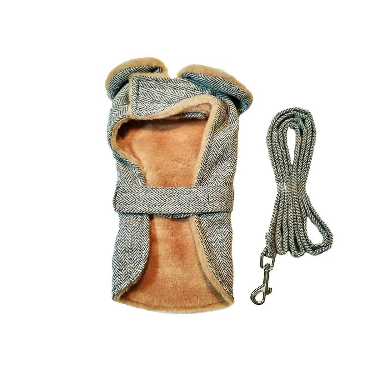 Gray Herringbone Dog Harness Coat with Brown Faux Fur Collar