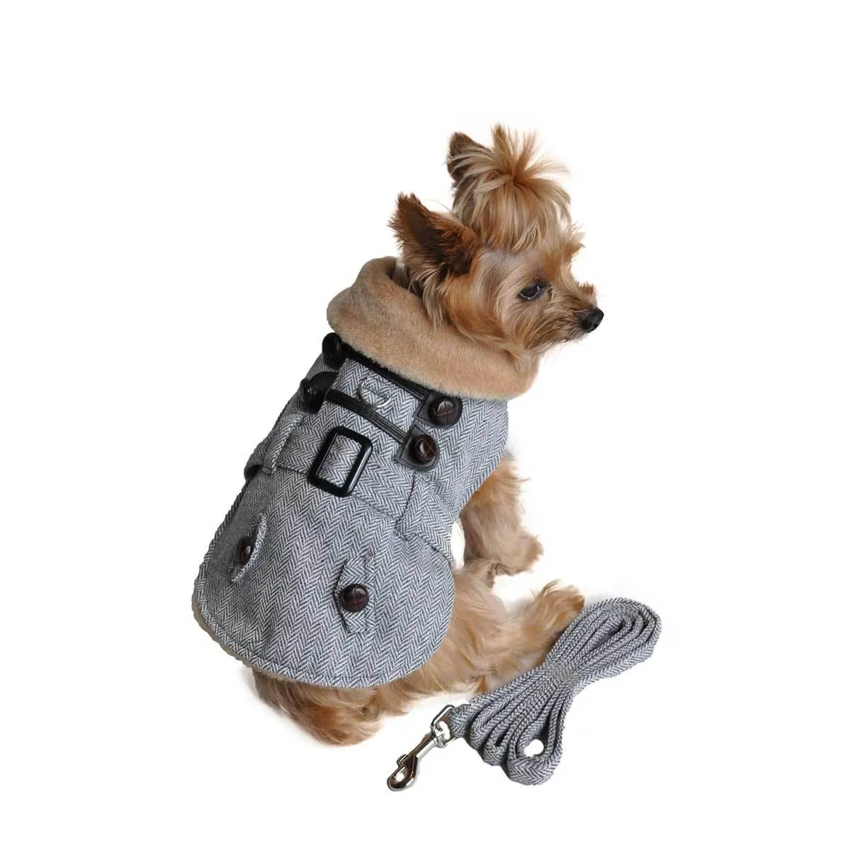 Gray Herringbone Dog Harness Coat with Brown Faux Fur Collar