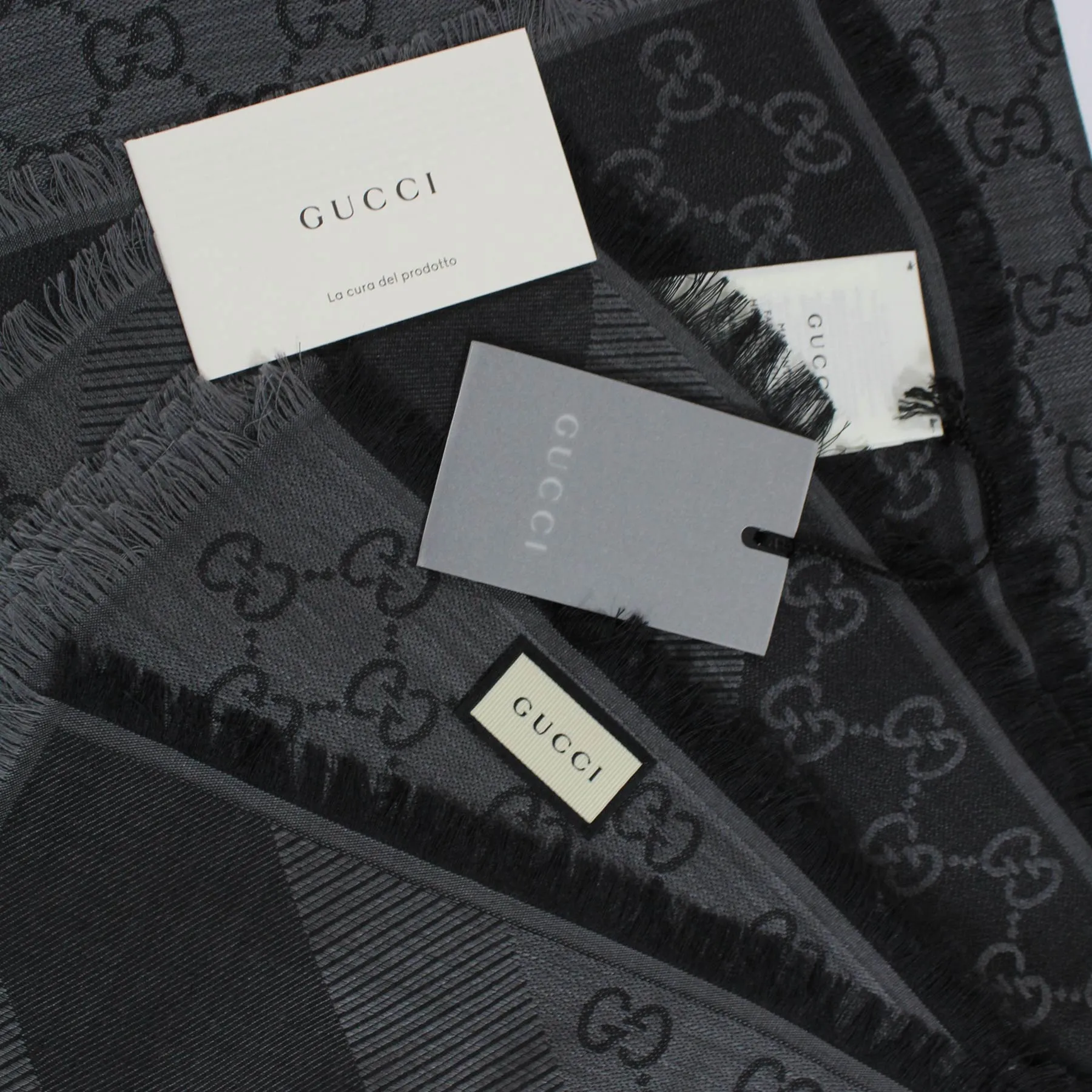 Gucci Scarf Gray GG Pattern - Extra Large 55 Inch Square Wool Silk Jacquard Shawl