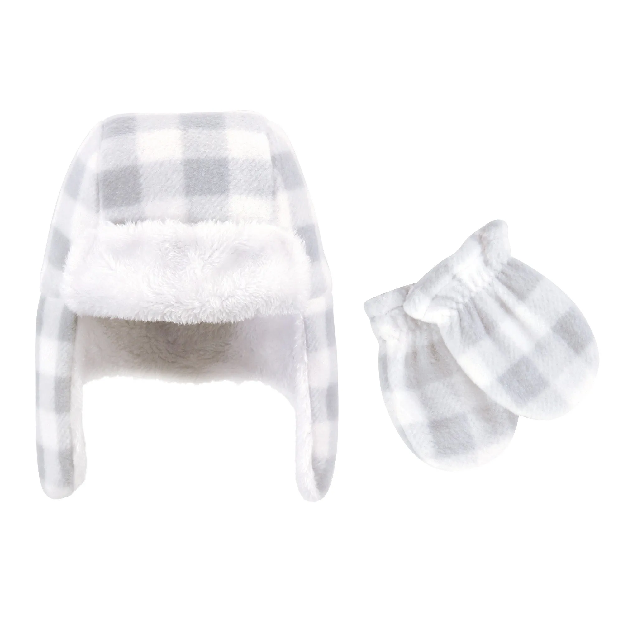 Hudson Baby Fleece Trapper Hat and Mitten Set, Gray White Plaid Toddler