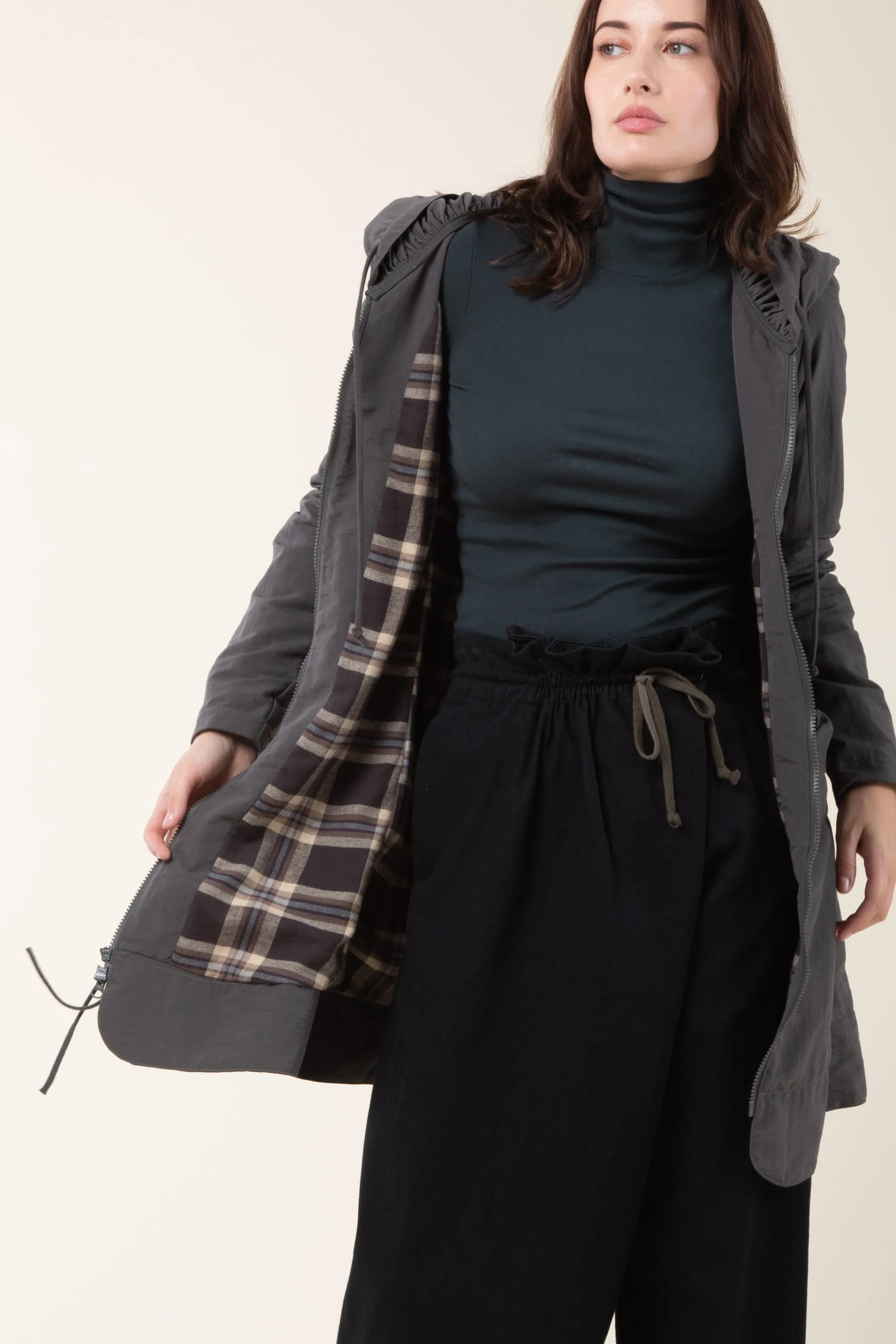 Long Raincloak in Charcoal with Brown Plaid