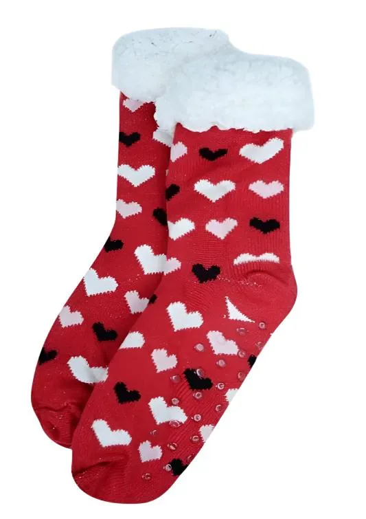 Love You Heart Sherpa Socks in Red