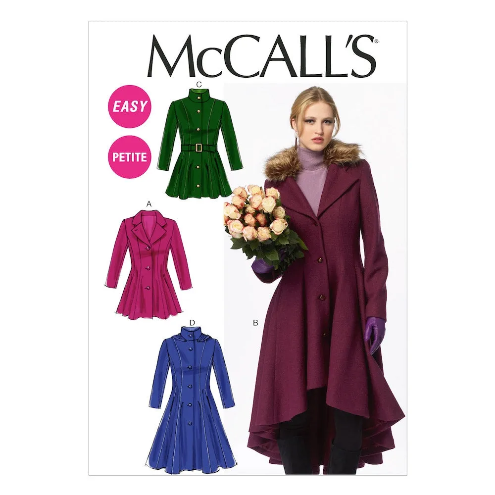 McCall's Pattern M6800 Misses'/Miss Petite Lined Coats, belt and Detachable Collar and Hood