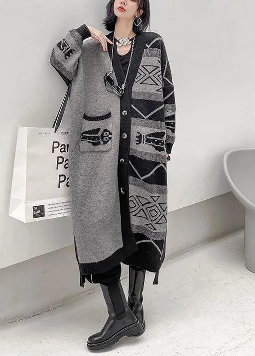 Stylish Grey V Neck Asymmetrical Design Print Knit Lazy Long Coats Long Sleeve