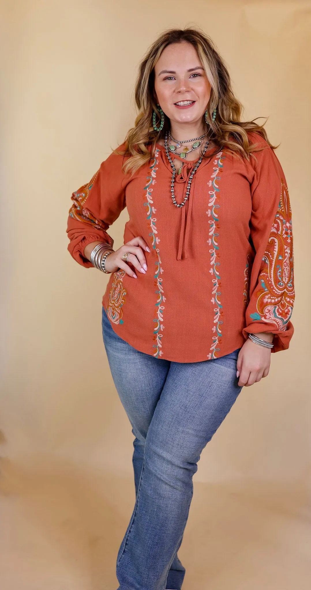 Warm Personality Floral Embroidered Long Sleeve Top with Front Keyhole and Tie in Clay Orange