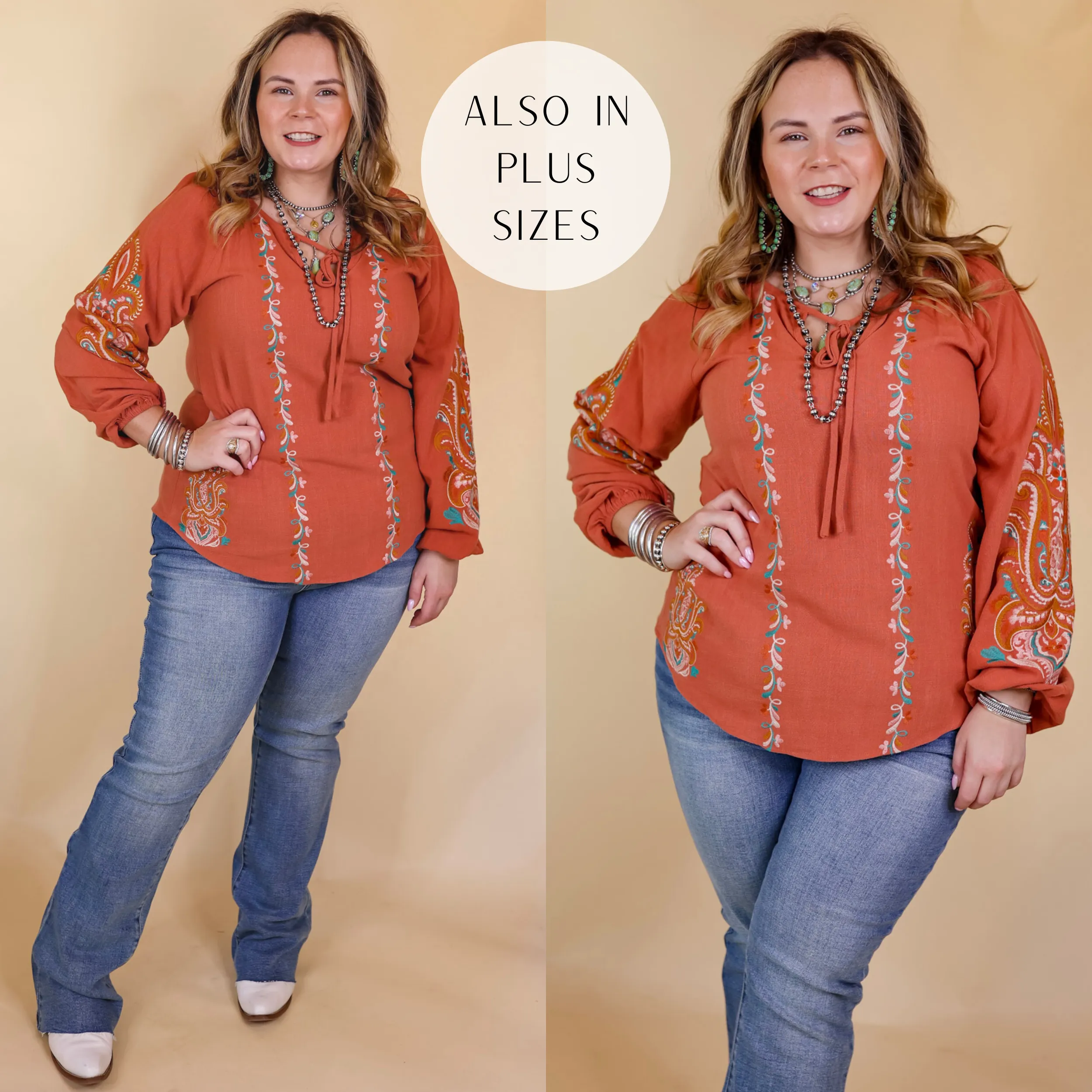 Warm Personality Floral Embroidered Long Sleeve Top with Front Keyhole and Tie in Clay Orange