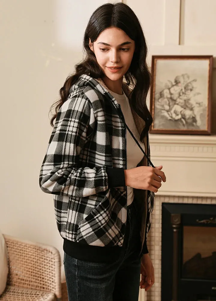 Women's Sherpa Lined Hoodie Jacket Plaid Zip Up Hooded Sweatshirt